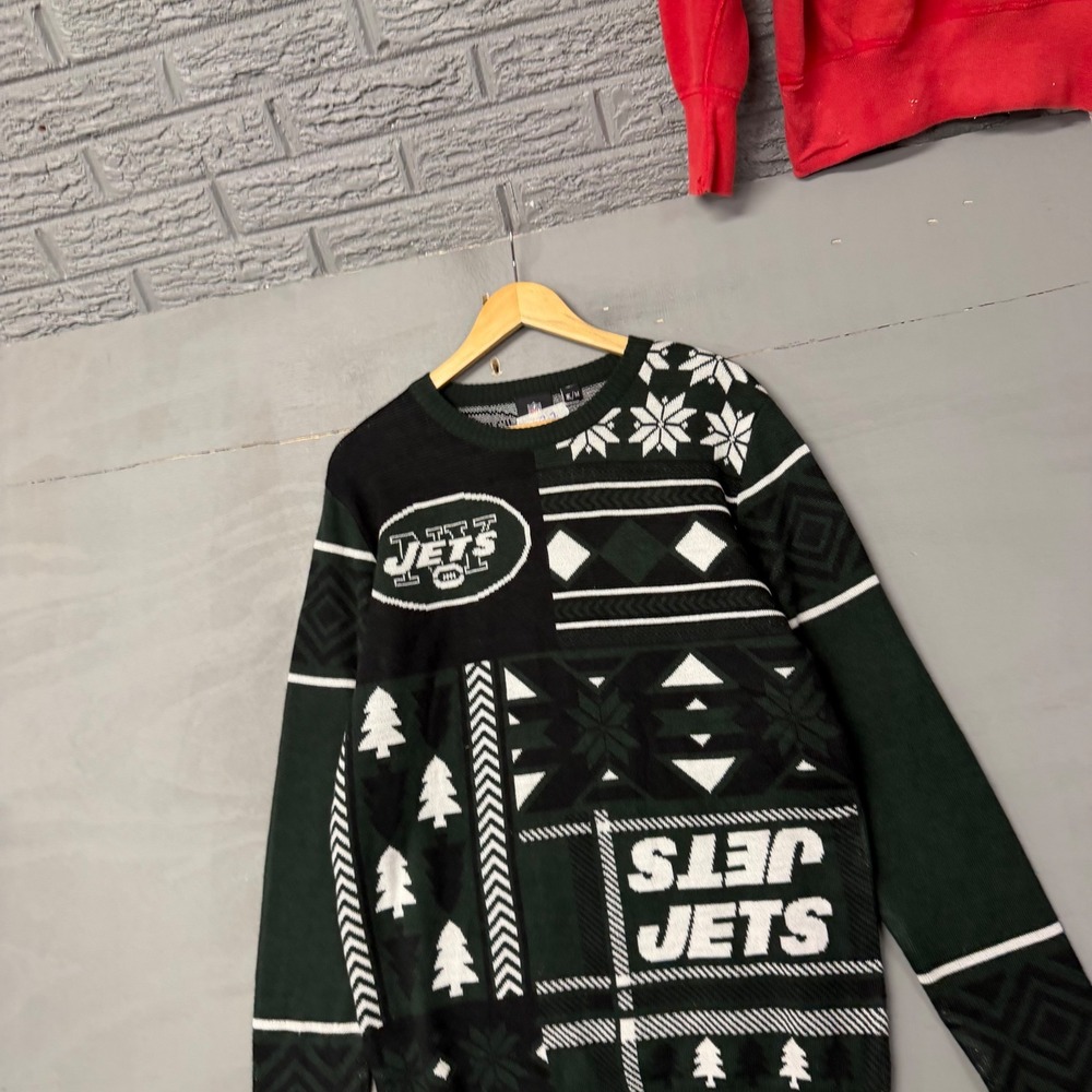 Klew NFL New York Jets Ugly Christmas Sweater Mens Medium Green White Patchwork